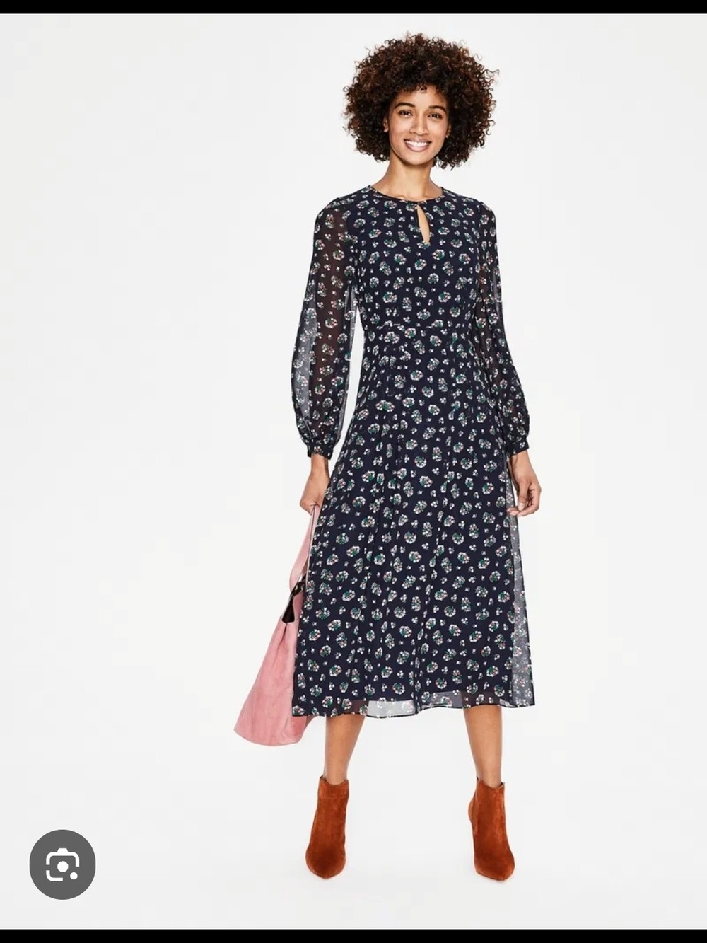 Boden Navy Floral Midi Dress with Keyhole Neck